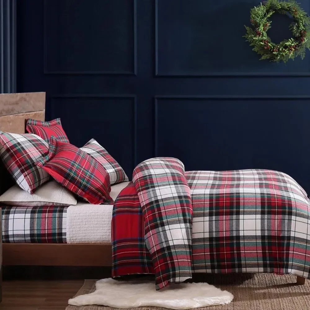 PB Style Queen Duvet Set Plaid Christmas Reversible Red & White 3 Piece NWT